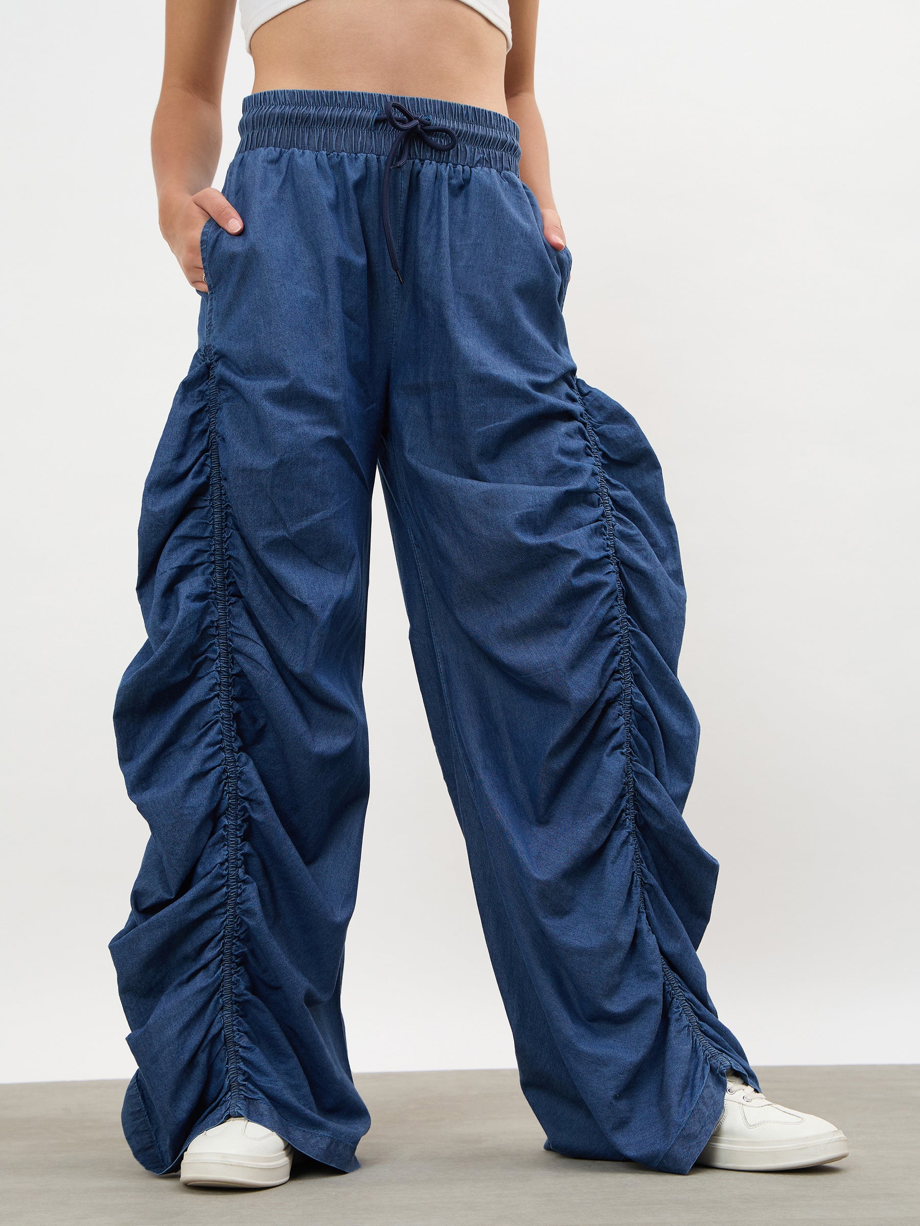 Navy Tencel Side Ruched Balloon Pants-SASSAFRAS