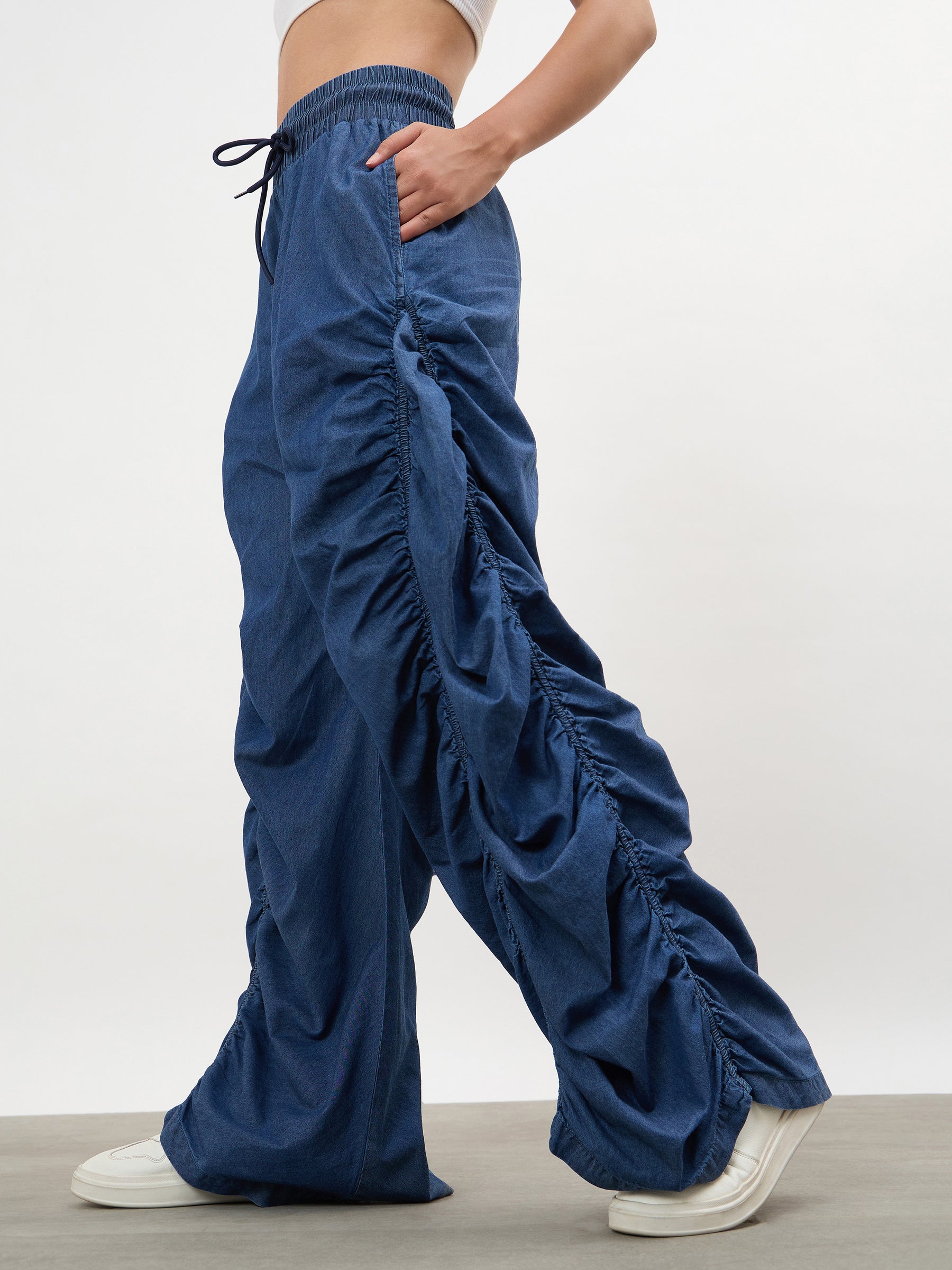 Navy Tencel Side Ruched Balloon Pants-SASSAFRAS