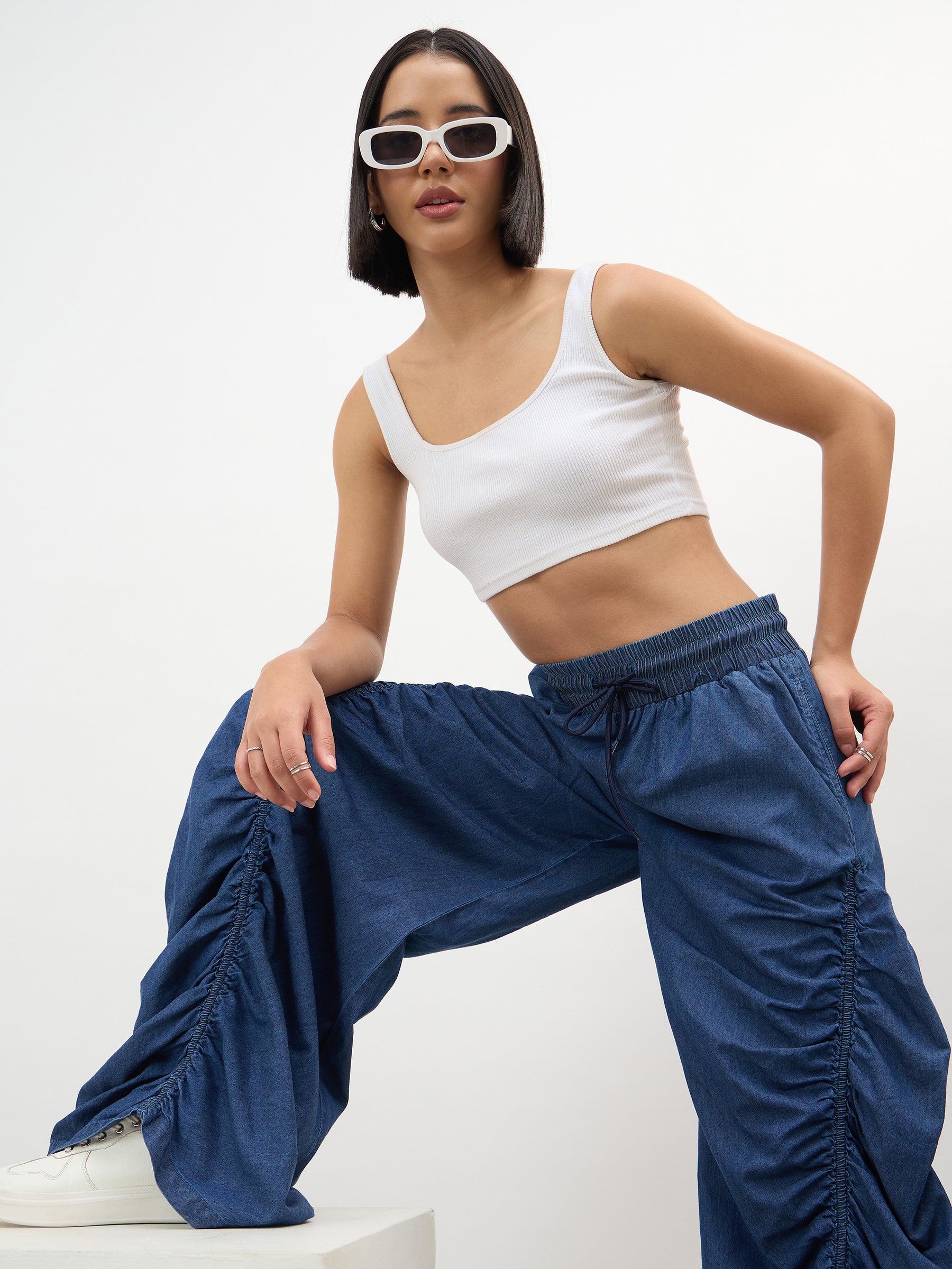 Women Navy Tencel Side Ruched Balloon Pants