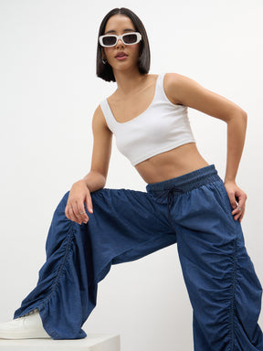 Women Navy Tencel Side Ruched Balloon Pants