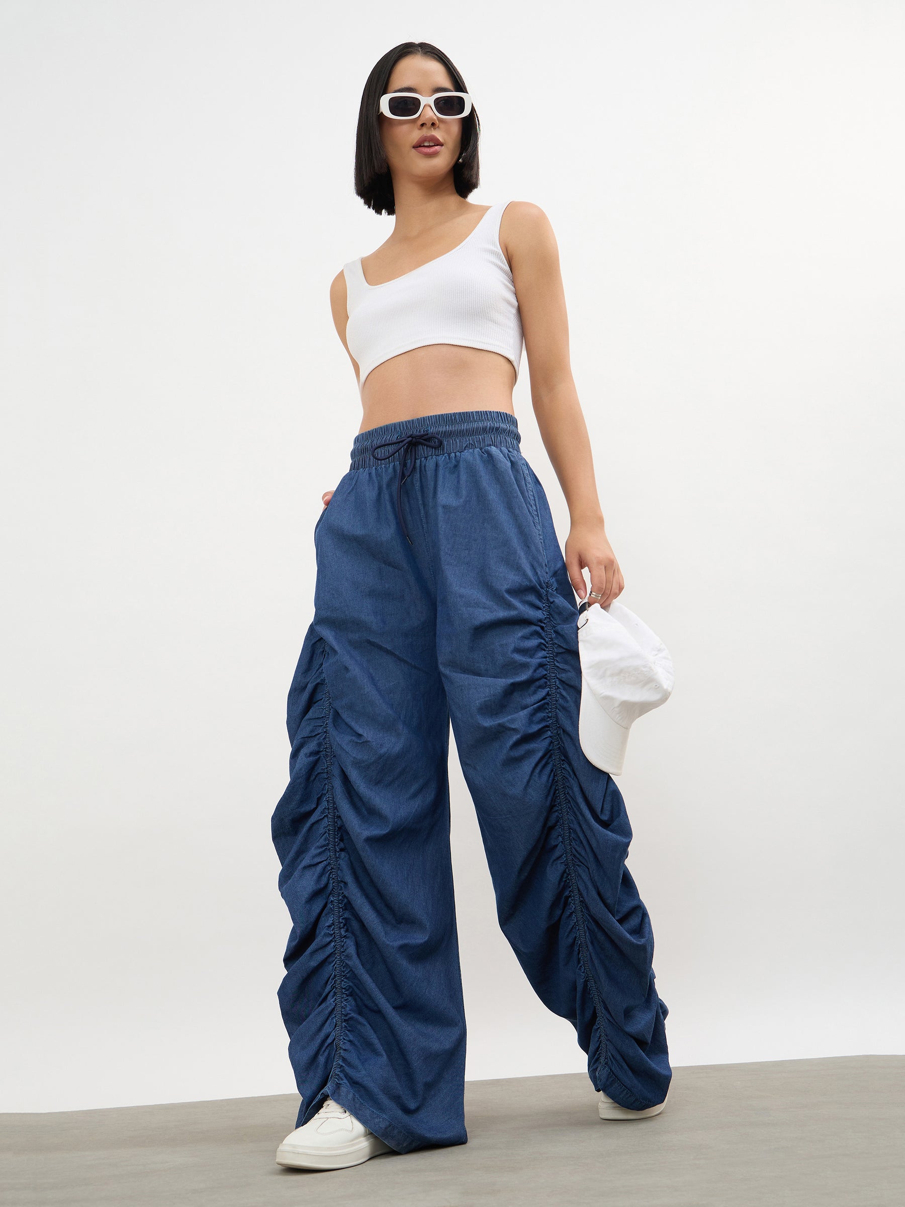 Women Navy Tencel Side Ruched Balloon Pants