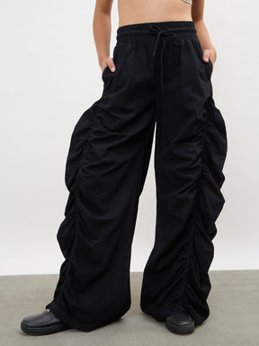 Black Tencel Side Ruched Balloon Pants-SASSAFRAS