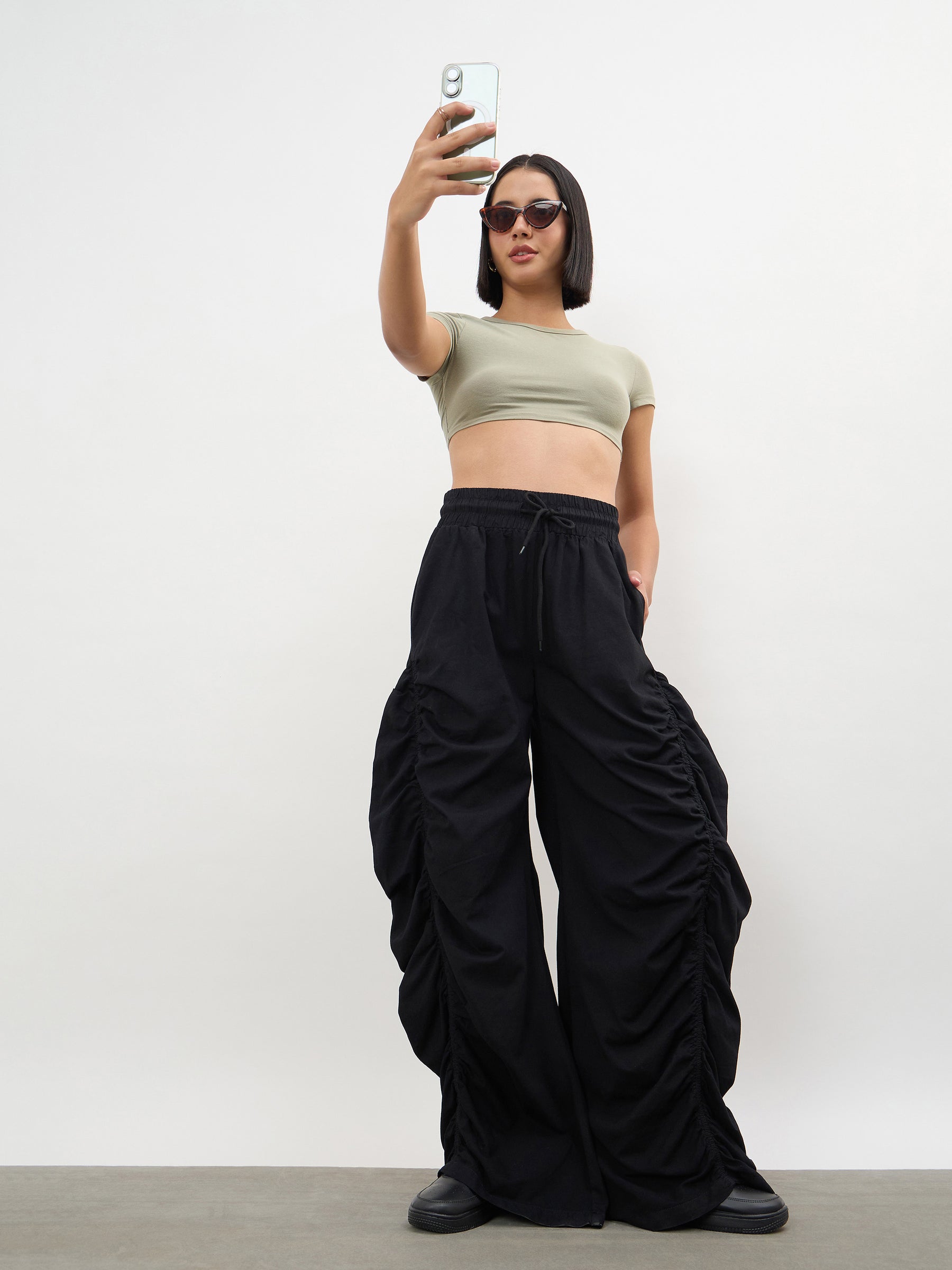 Women Black Tencel Side Ruched Balloon Pants