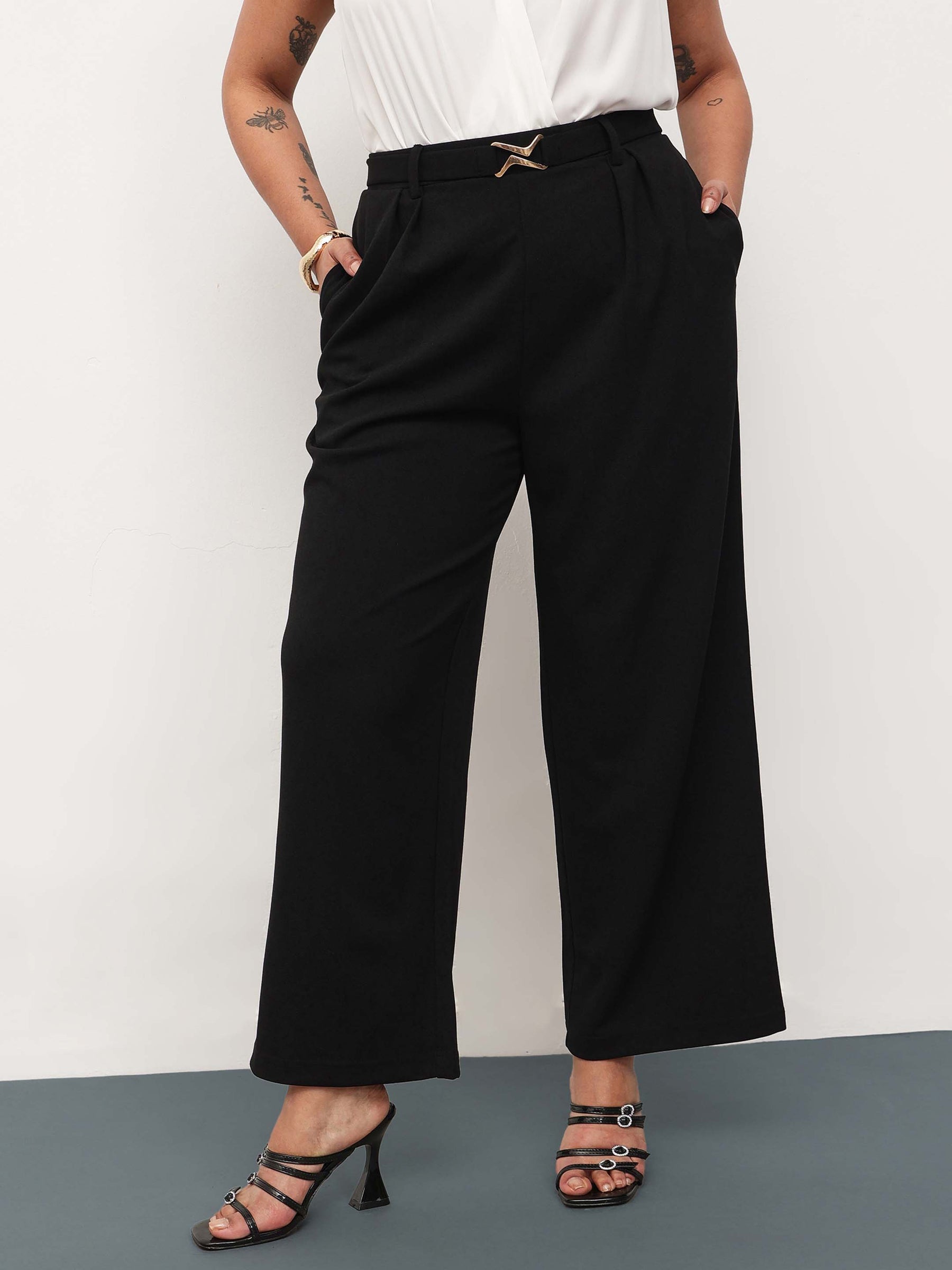 Black Front Metal Mock Belted Straight Pants-SASSAFRAS Curve