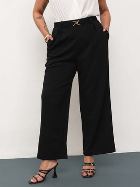 Black Front Metal Mock Belted Straight Pants-SASSAFRAS Curve