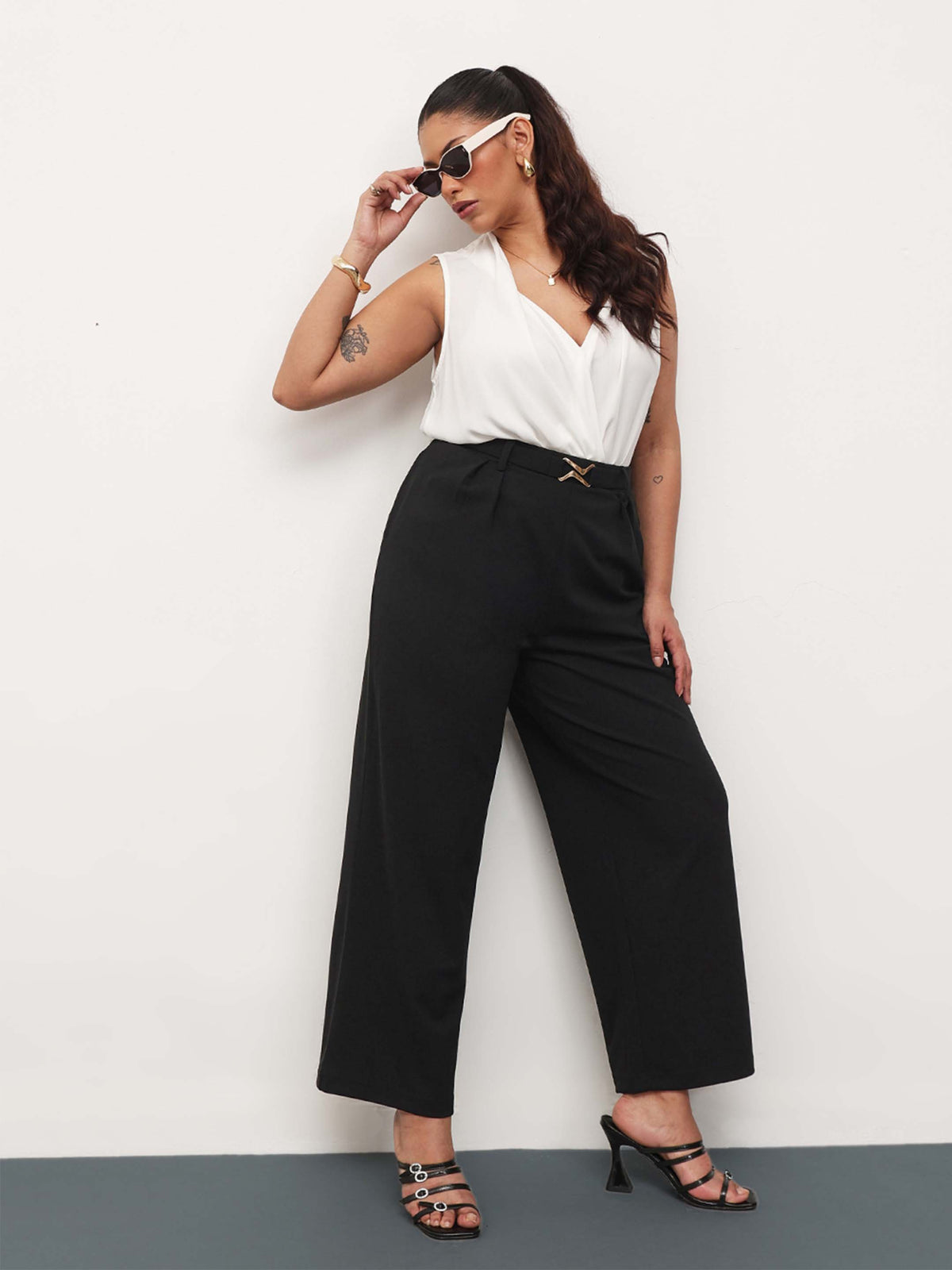 Black Front Metal Mock Belted Straight Pants-SASSAFRAS Curve