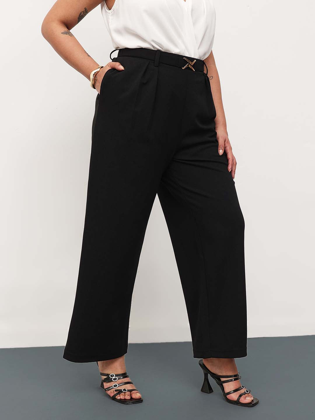 Black Front Metal Mock Belted Straight Pants-SASSAFRAS Curve