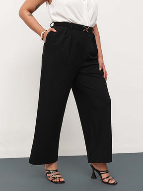 Black Front Metal Mock Belted Straight Pants-SASSAFRAS Curve
