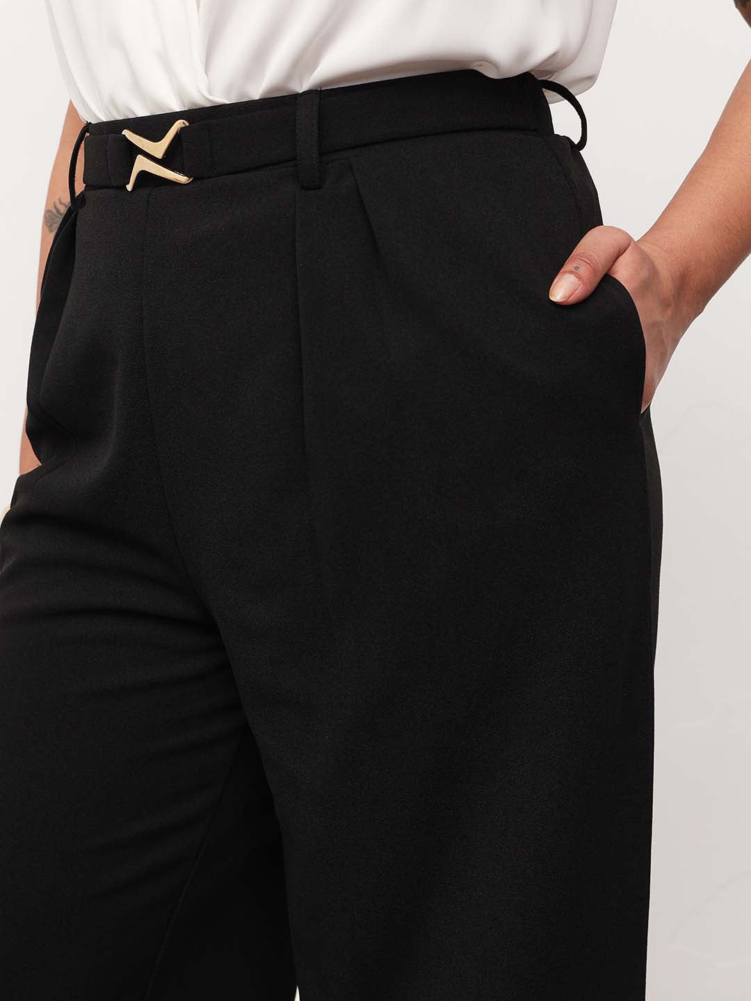 Black Front Metal Mock Belted Straight Pants-SASSAFRAS Curve