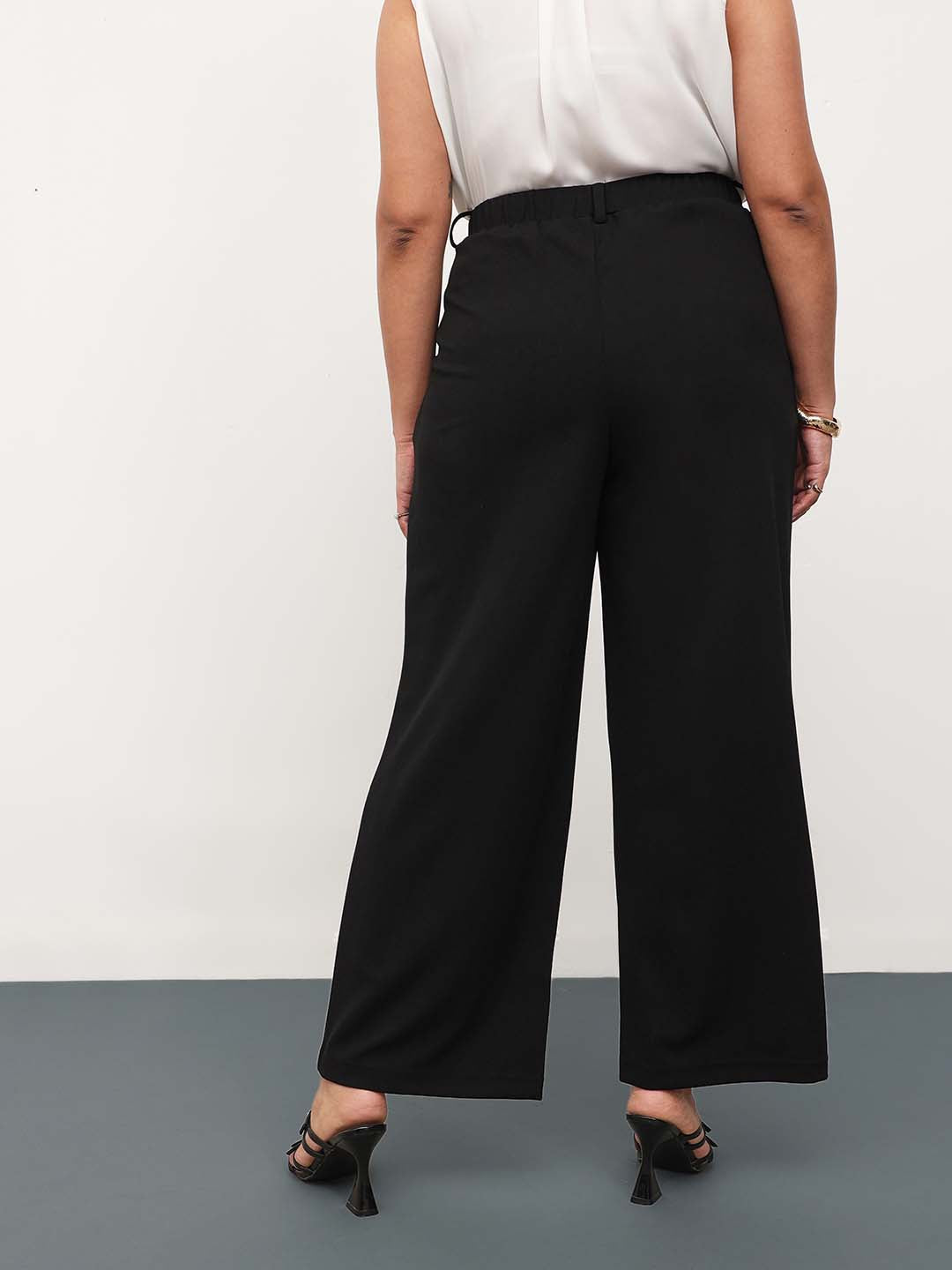 Black Front Metal Mock Belted Straight Pants-SASSAFRAS Curve