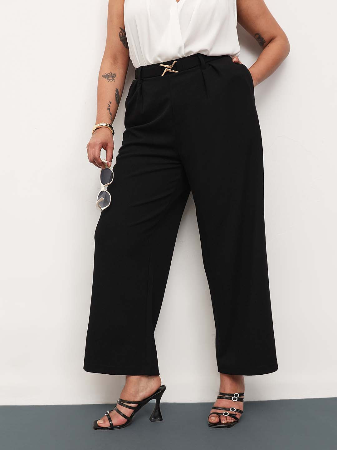 Women Black Front Metal Mock Belted Straight Pants