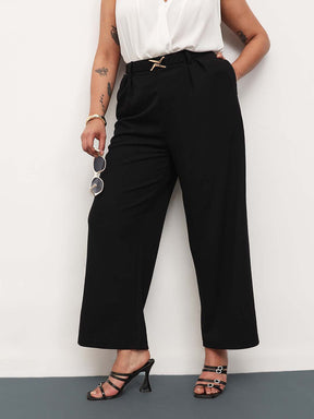 Women Black Front Metal Mock Belted Straight Pants