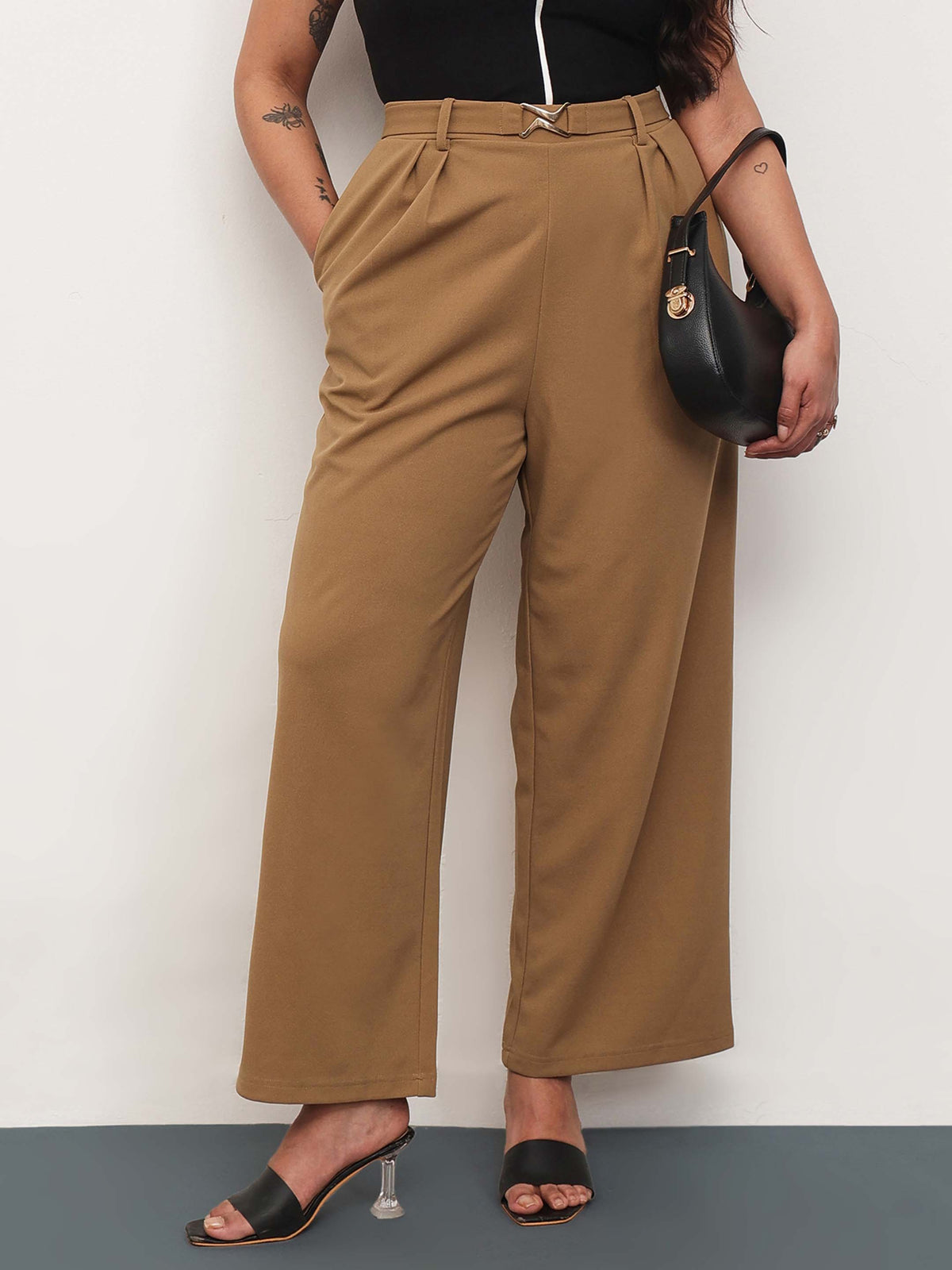 Beige Front Metal Mock Belted Straight Pants-SASSAFRAS Curve