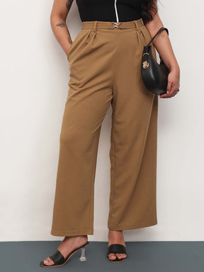 Beige Front Metal Mock Belted Straight Pants-SASSAFRAS Curve