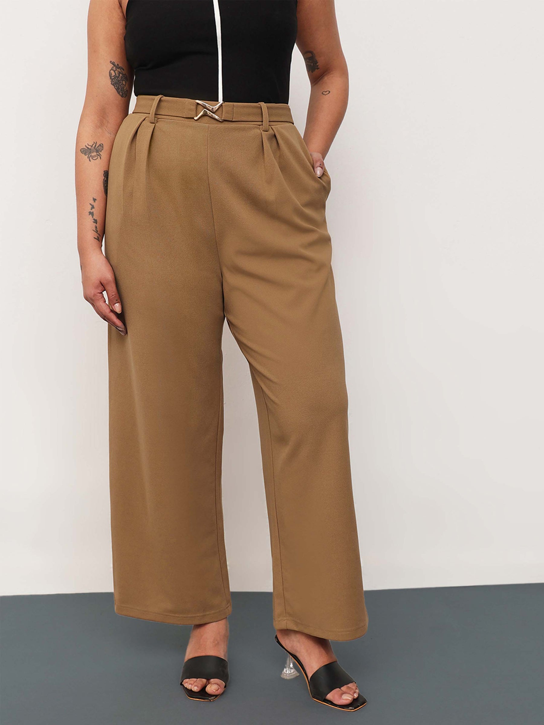 Beige Front Metal Mock Belted Straight Pants-SASSAFRAS Curve