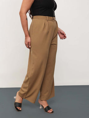 Beige Front Metal Mock Belted Straight Pants-SASSAFRAS Curve