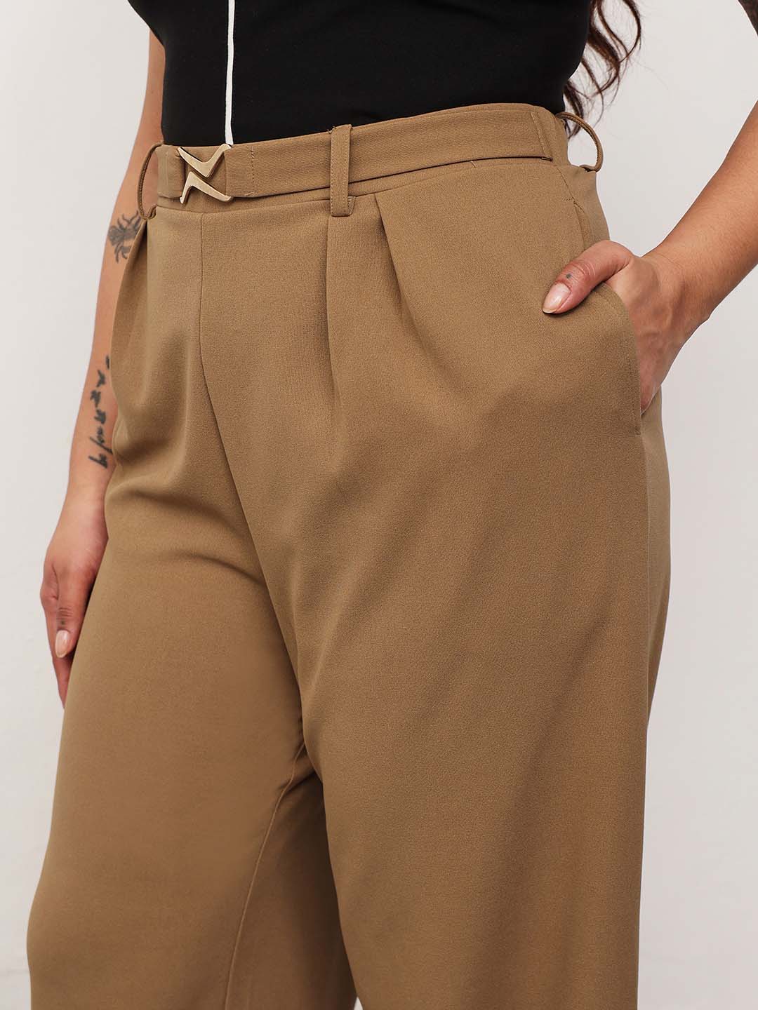Beige Front Metal Mock Belted Straight Pants-SASSAFRAS Curve