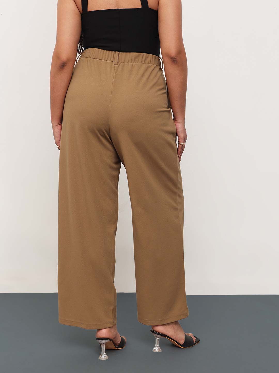 Beige Front Metal Mock Belted Straight Pants-SASSAFRAS Curve