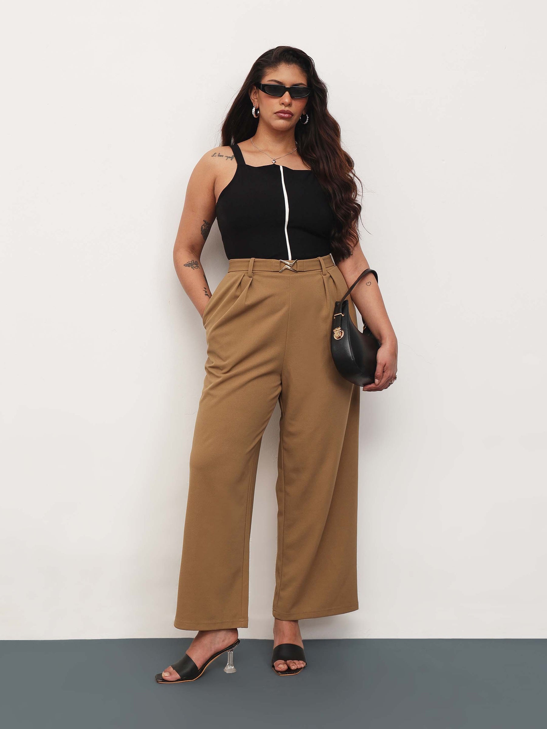 Women Beige Front Metal Mock Belted Straight Pants