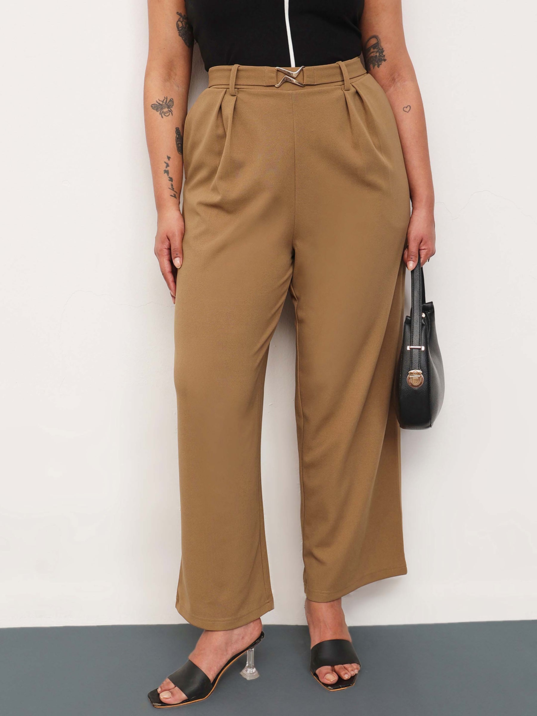 Women Beige Front Metal Mock Belted Straight Pants