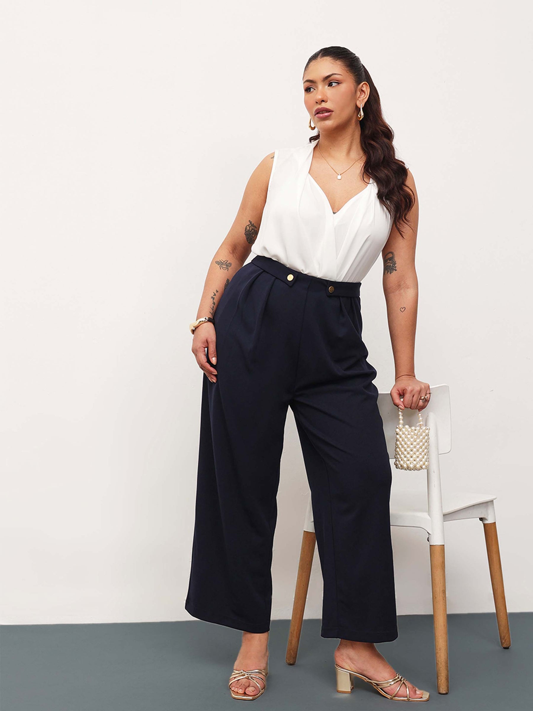 Navy Front Pleated Straight Pants-SASSAFRAS Curve