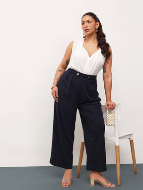 Navy Front Pleated Straight Pants-SASSAFRAS Curve