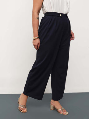 Navy Front Pleated Straight Pants-SASSAFRAS Curve