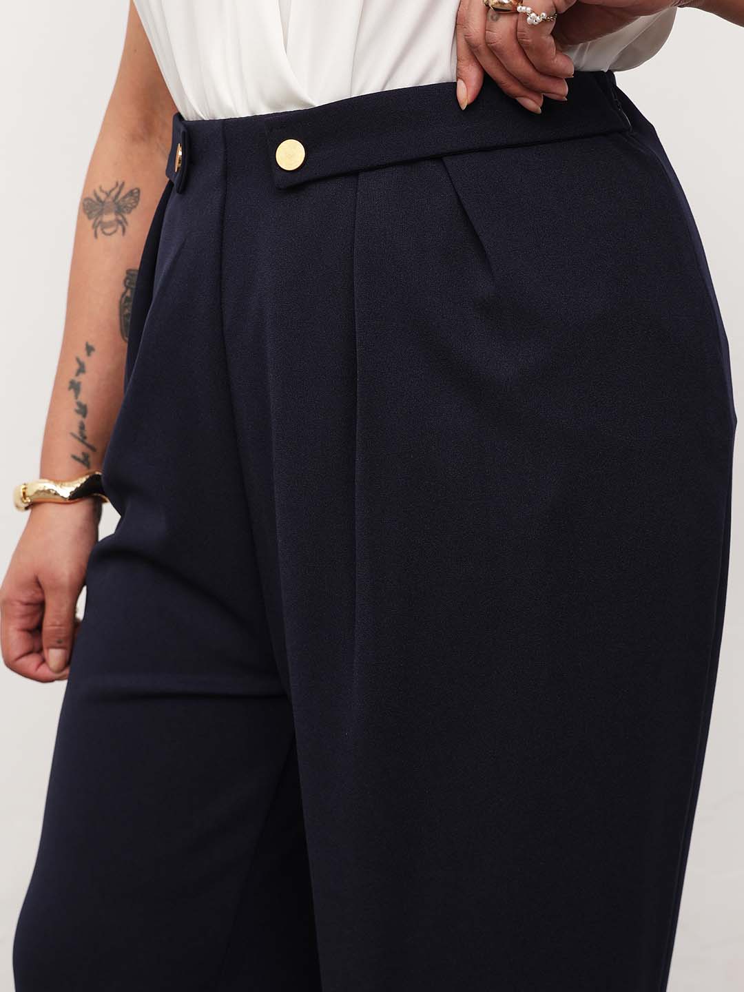 Navy Front Pleated Straight Pants-SASSAFRAS Curve