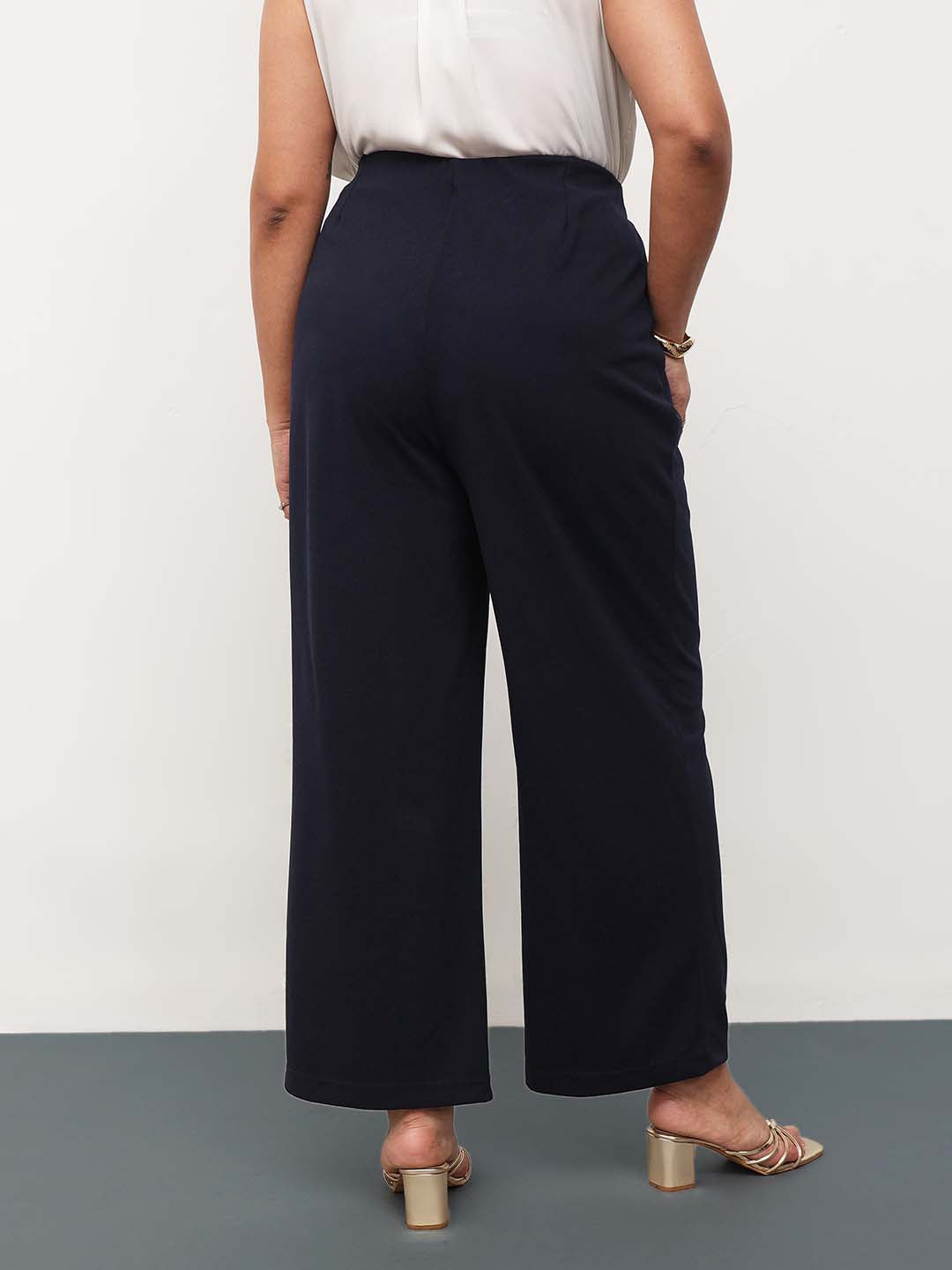 Navy Front Pleated Straight Pants-SASSAFRAS Curve