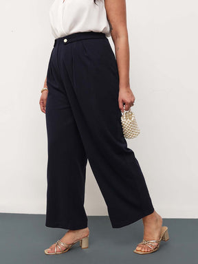 Women Navy Front Pleated Straight Pants