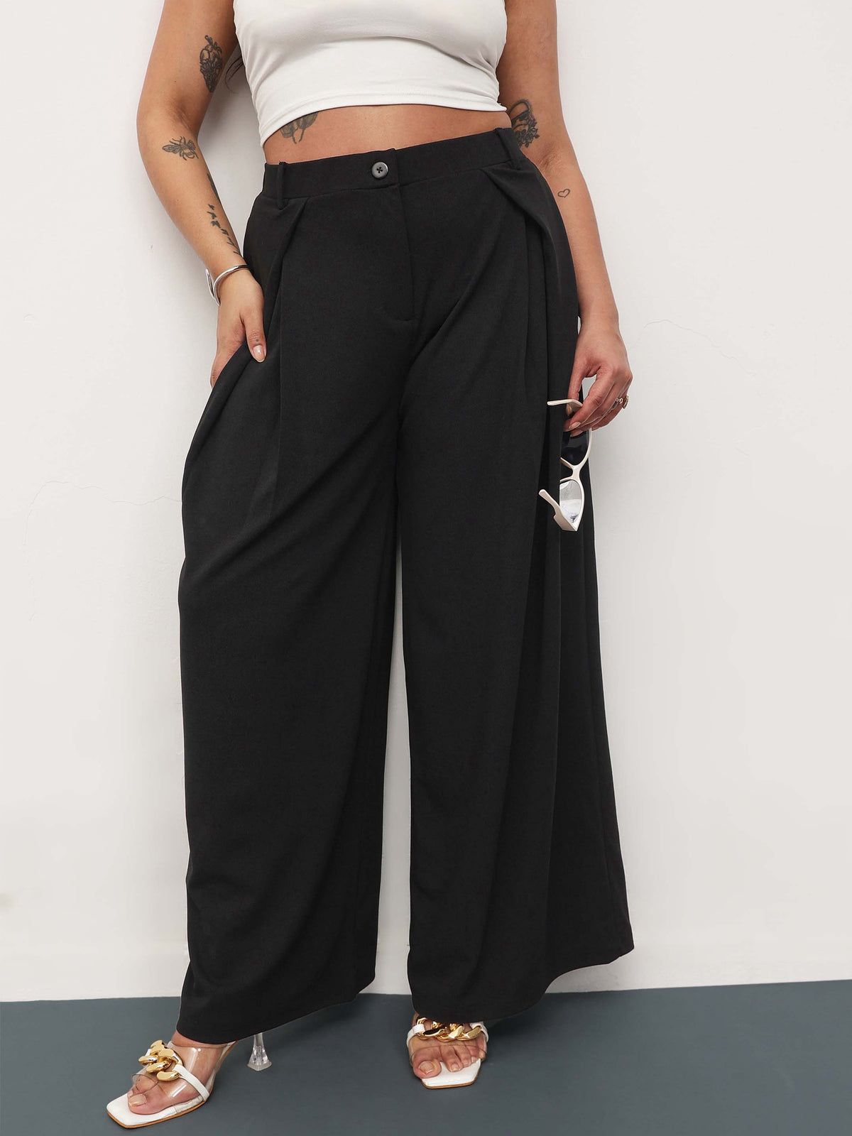 Black Front Wrap Detail Straight Flared Pants -SASSAFRAS Curve