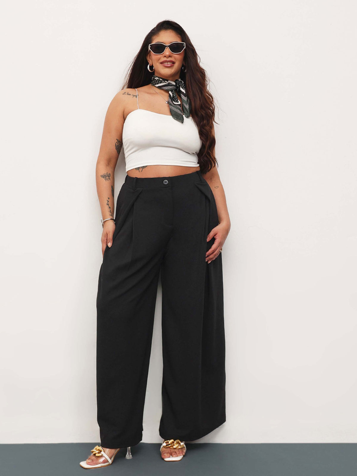 Black Front Wrap Detail Straight Flared Pants -SASSAFRAS Curve