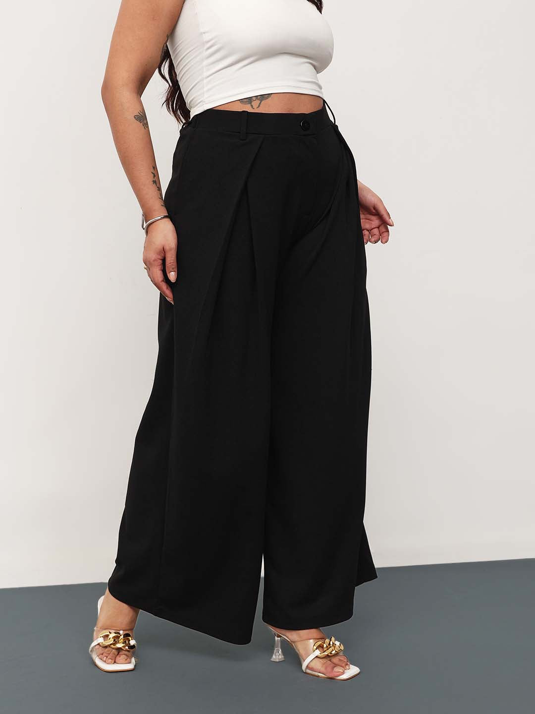 Black Front Wrap Detail Straight Flared Pants -SASSAFRAS Curve