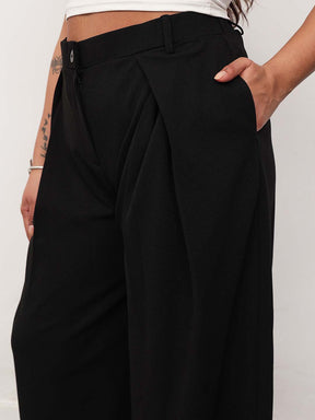 Black Front Wrap Detail Straight Flared Pants -SASSAFRAS Curve