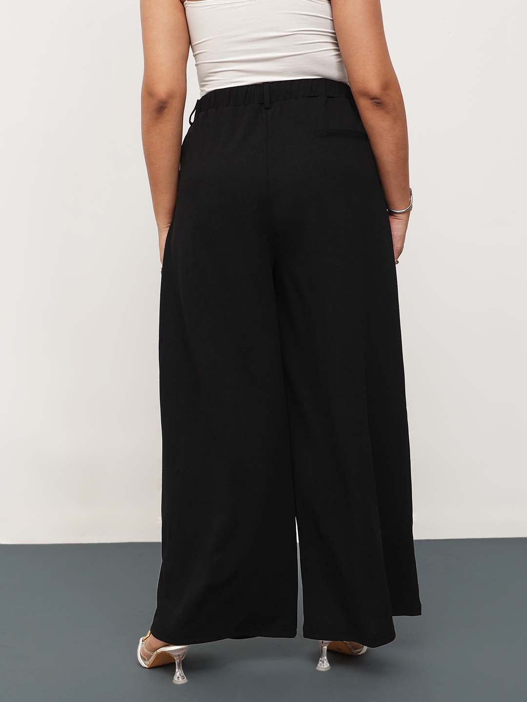 Black Front Wrap Detail Straight Flared Pants -SASSAFRAS Curve