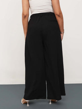 Black Front Wrap Detail Straight Flared Pants -SASSAFRAS Curve