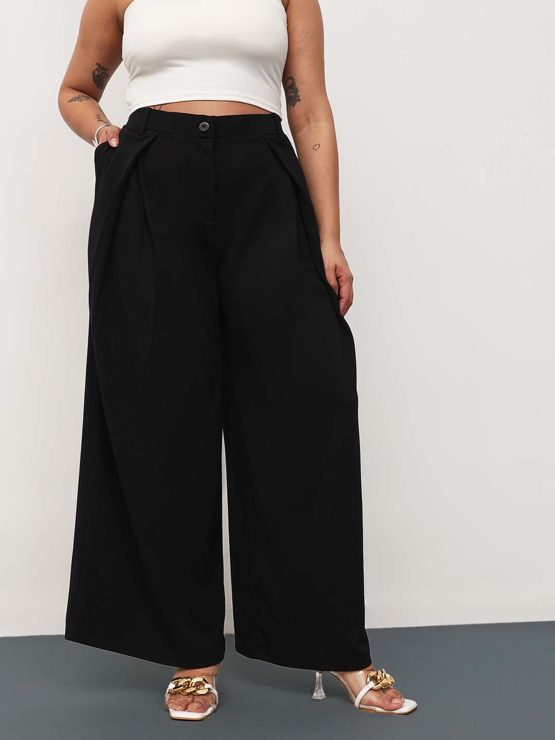 Women Black Front Wrap Detail Straight Flared Pants