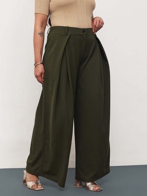 Olive Front Wrap Detail Straight Flared Pants -SASSAFRAS Curve