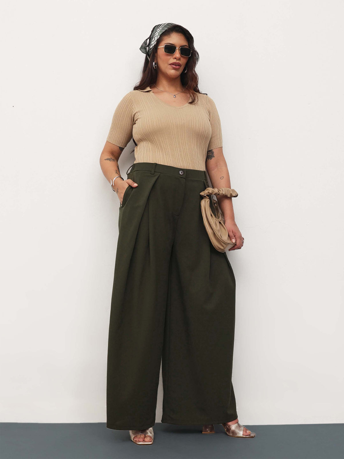 Olive Front Wrap Detail Straight Flared Pants -SASSAFRAS Curve