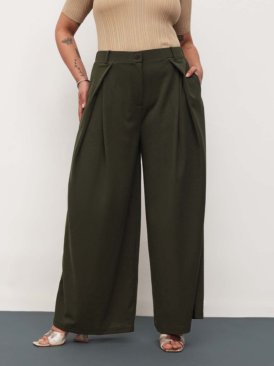 Olive Front Wrap Detail Straight Flared Pants -SASSAFRAS Curve