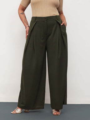 Olive Front Wrap Detail Straight Flared Pants -SASSAFRAS Curve