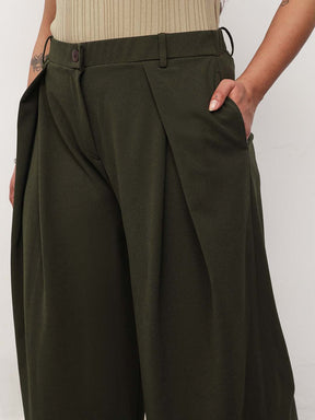 Olive Front Wrap Detail Straight Flared Pants -SASSAFRAS Curve