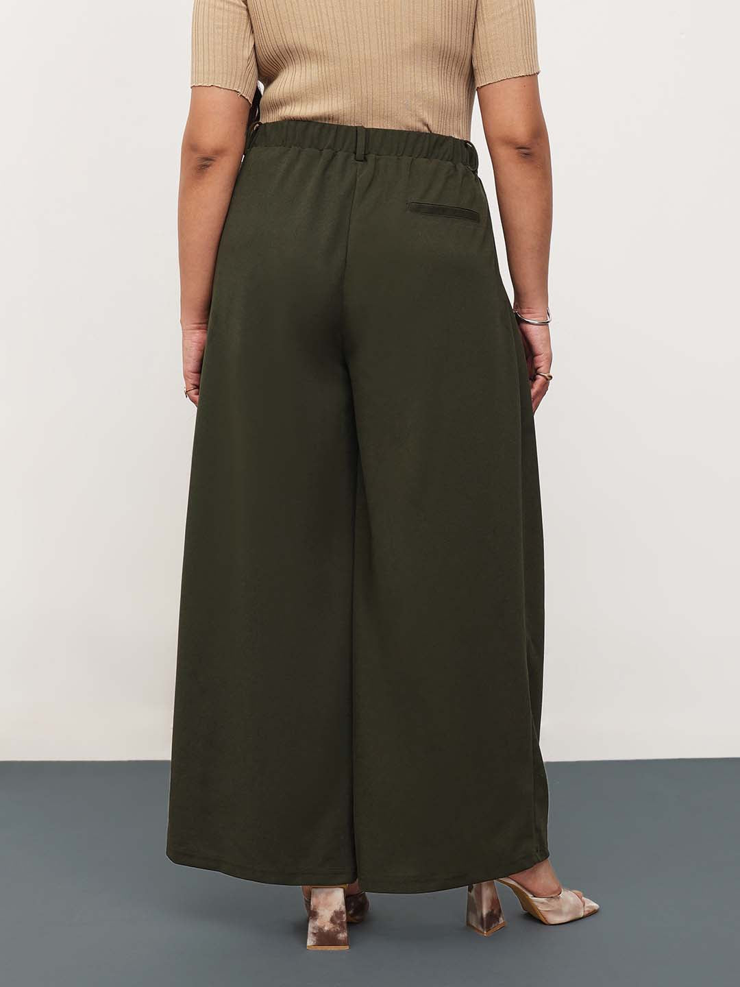 Olive Front Wrap Detail Straight Flared Pants -SASSAFRAS Curve