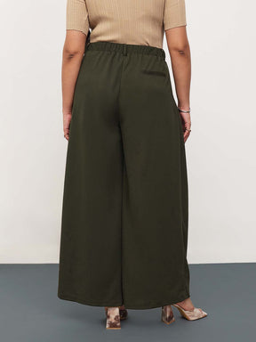 Olive Front Wrap Detail Straight Flared Pants -SASSAFRAS Curve