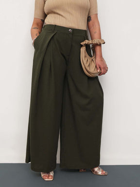 Women Olive Front Wrap Detail Straight Flared Pants