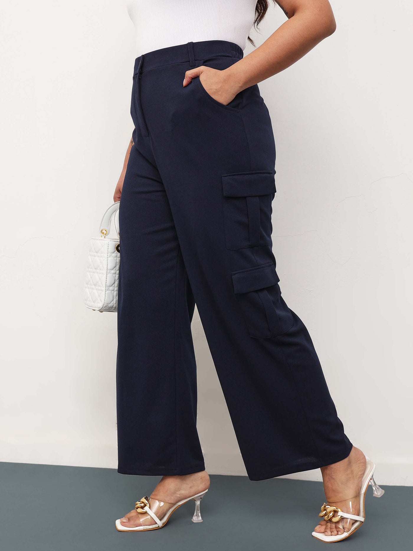 Navy Multi Pockets Cargo Pants -SASSAFRAS Curve