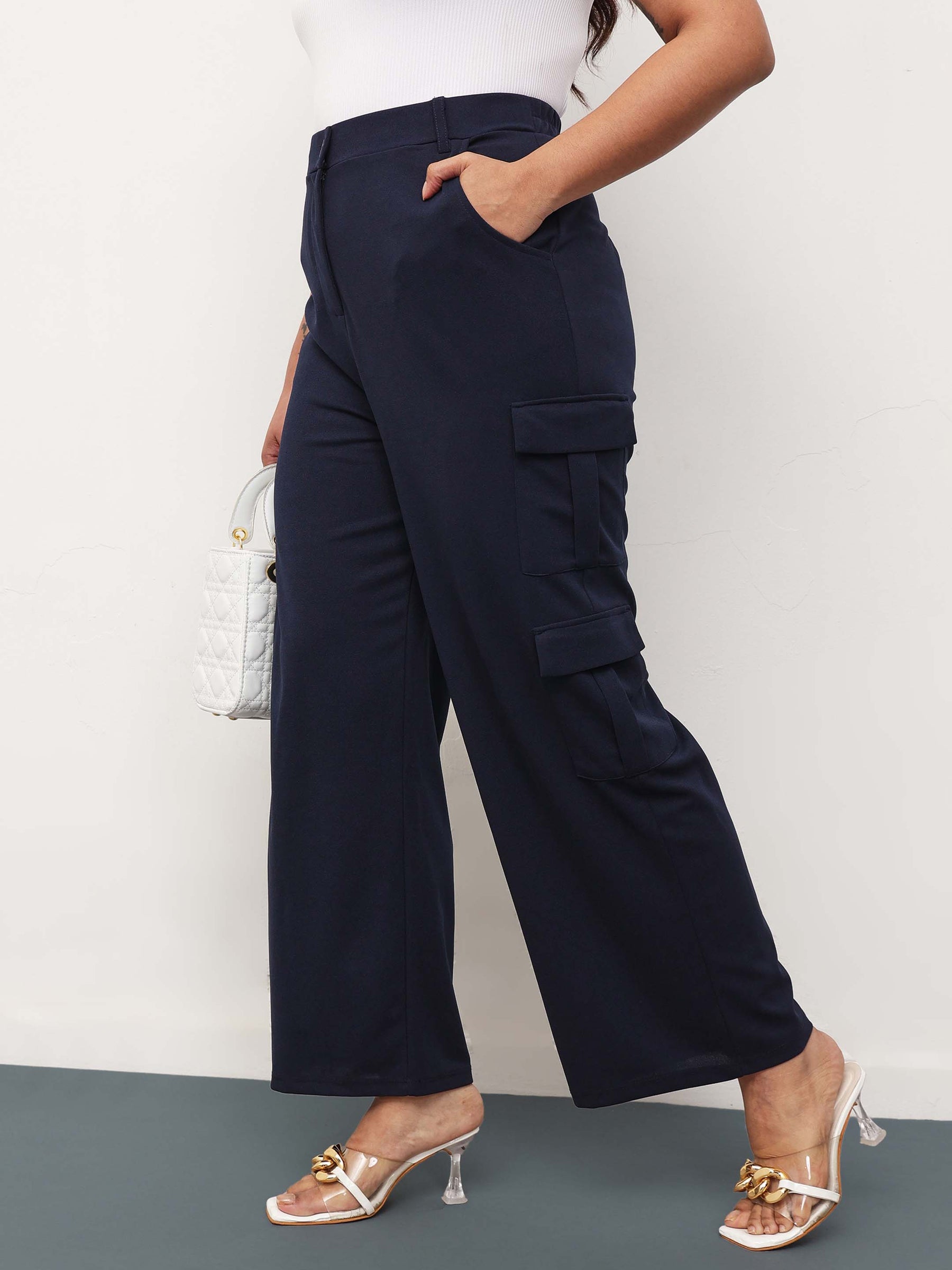 Navy Multi Pockets Cargo Pants -SASSAFRAS Curve