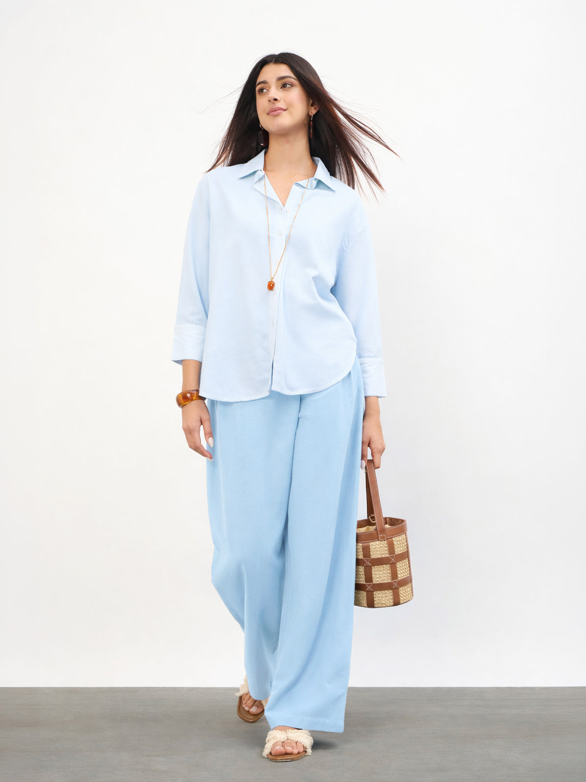 Blue Wrap Side Pleated Straight Pants-SASSAFRAS