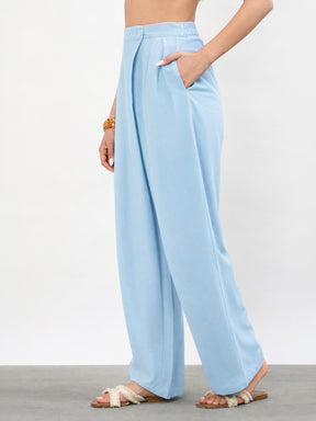 Blue Wrap Side Pleated Straight Pants-SASSAFRAS