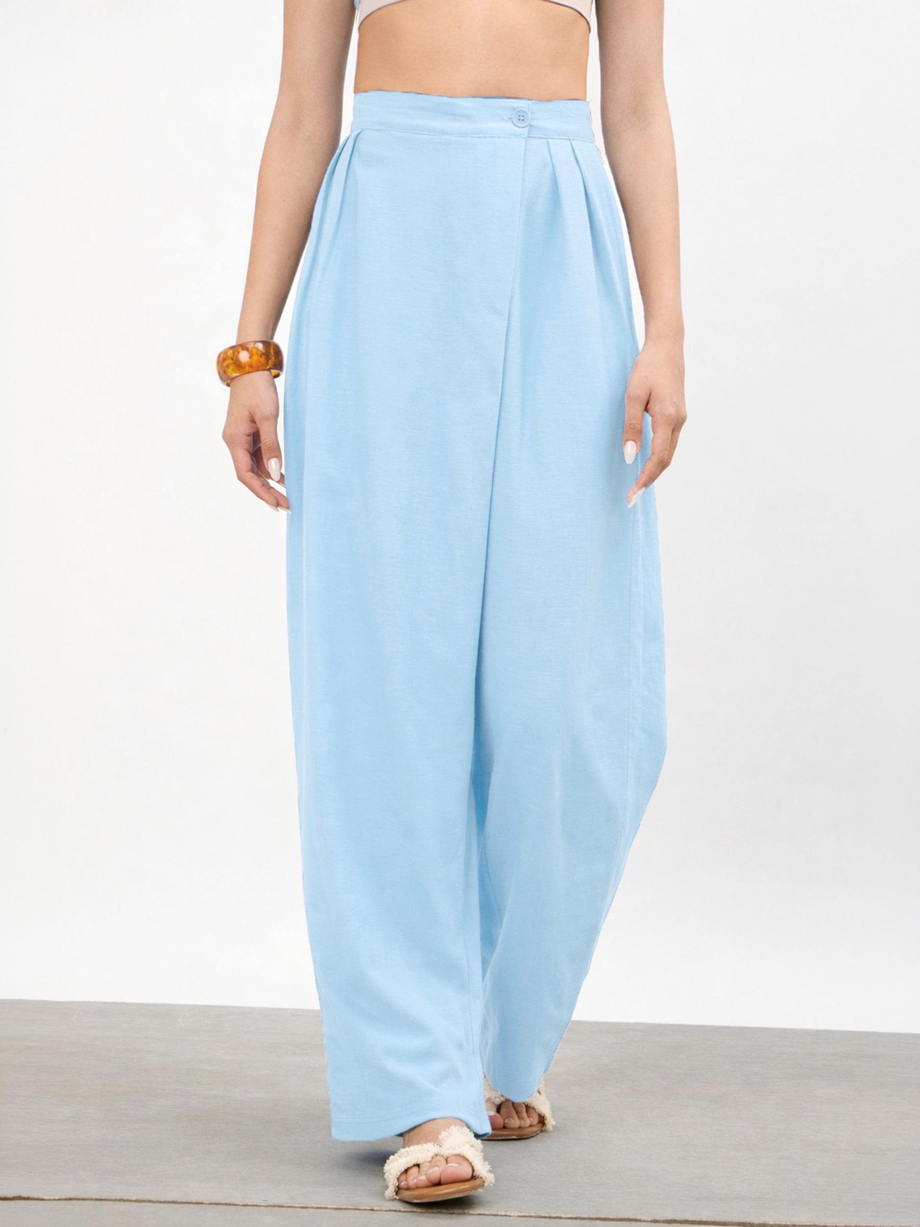 Blue Wrap Side Pleated Straight Pants-SASSAFRAS